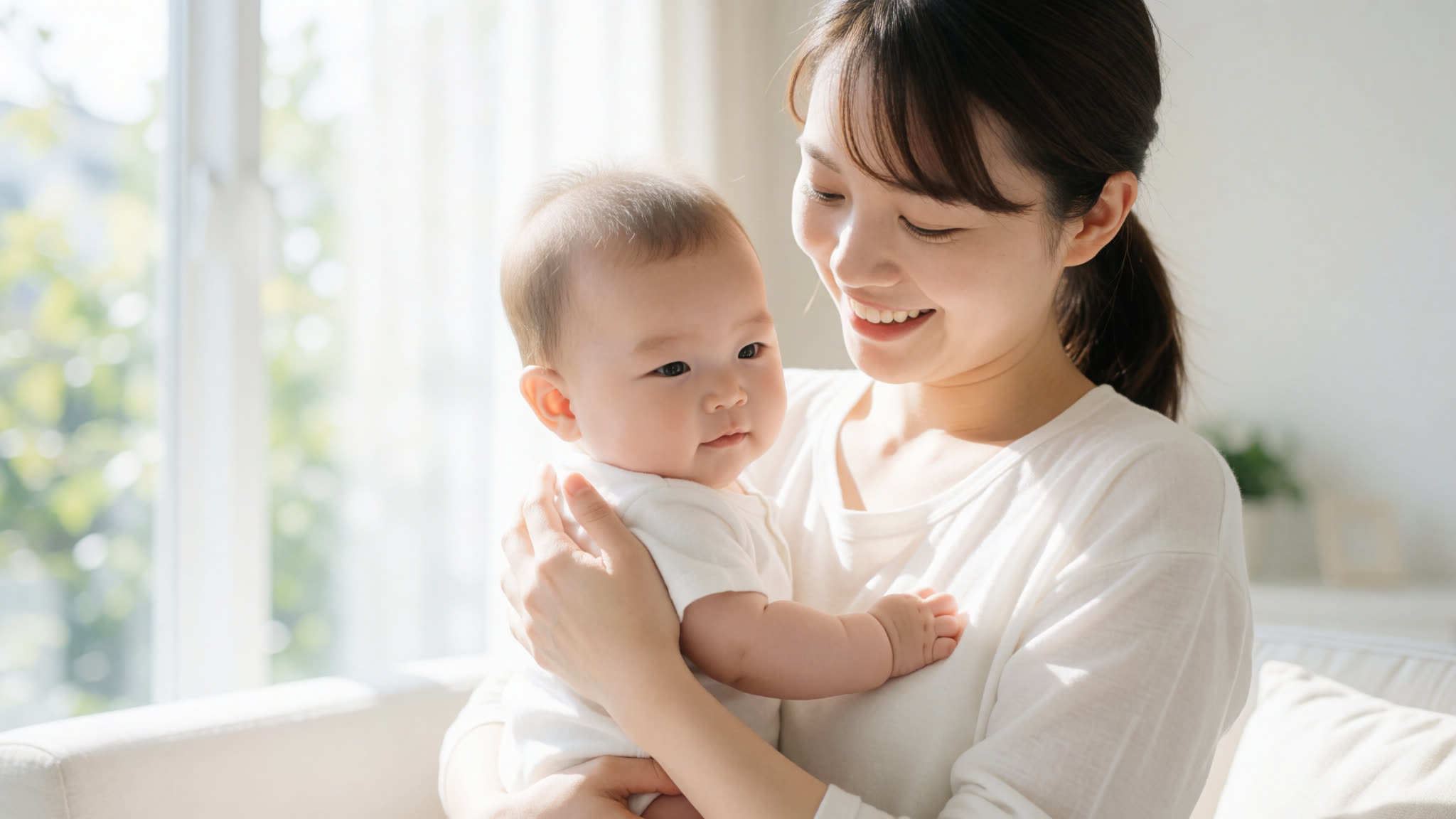 Seorang orang tua memeluk bayi yang sedang tidur dalam cahaya hangat yang lembut — suasana layanan anak yang terpercaya.